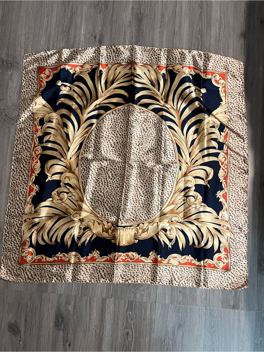 Baroque Print Square Scarf in Dark Navy, Gold and Beige